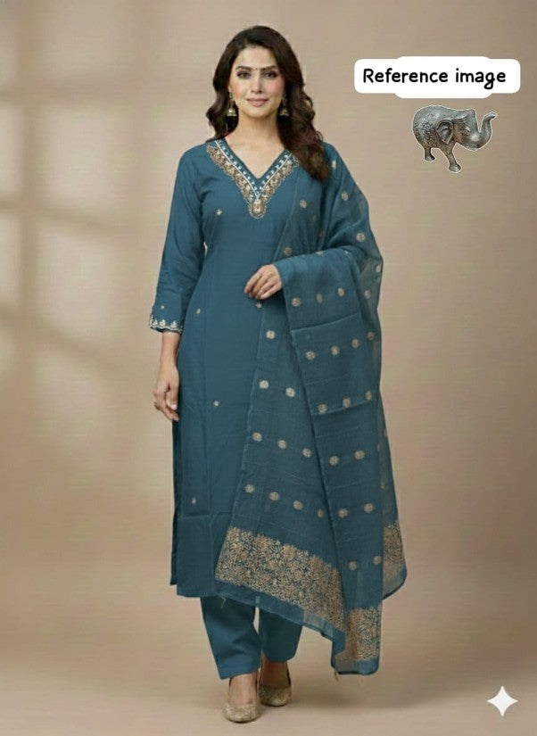 Heavy Maslin Handwork Kurti Pant with Banarasi Dupatta