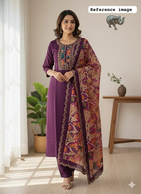 Premium Soft Maslin Pach Work Kurti Pant & Dupatta Set