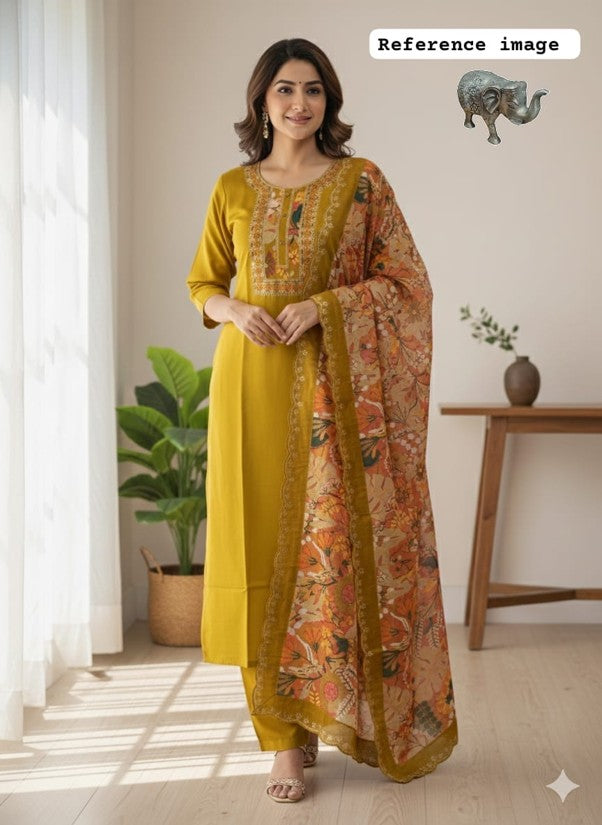 Premium Soft Maslin Pach Work Kurti Pant & Dupatta Set