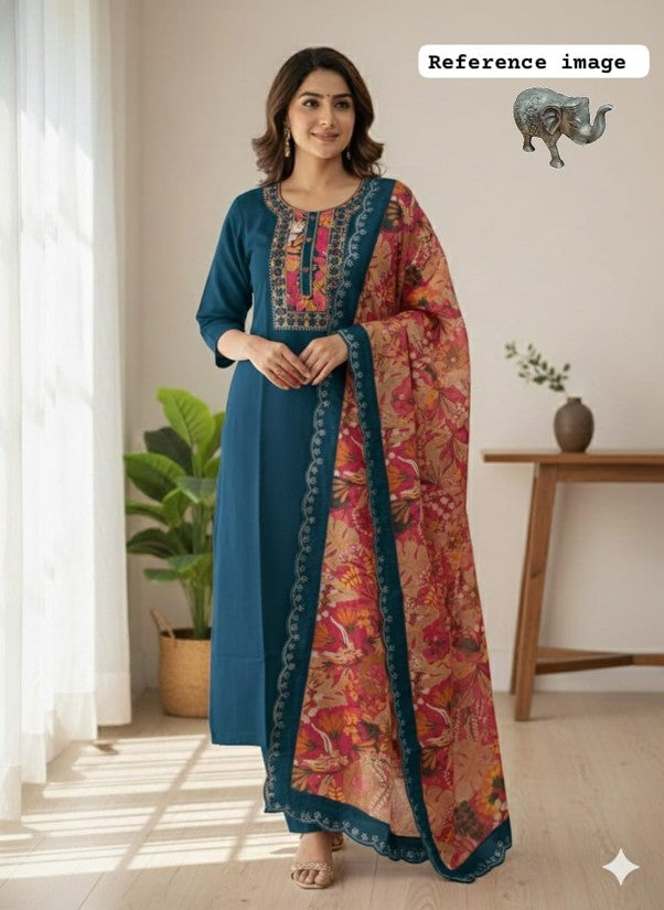 Premium Soft Maslin Pach Work Kurti Pant & Dupatta Set