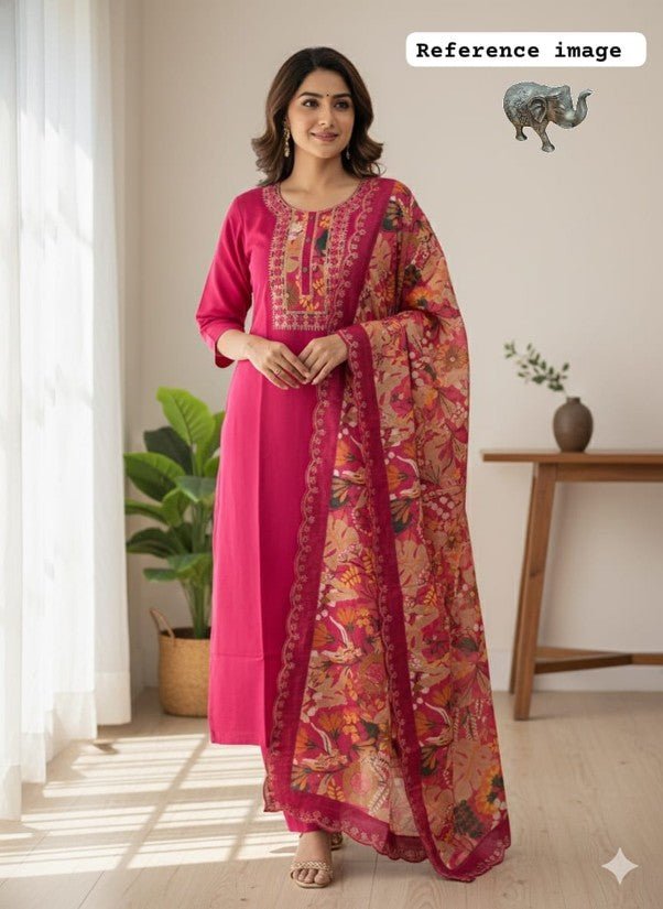 Premium Soft Maslin Pach Work Kurti Pant & Dupatta Set