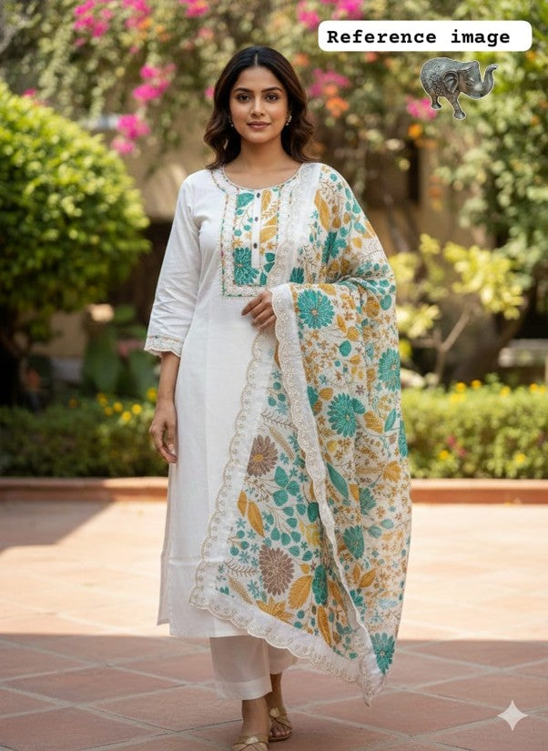 Premium Soft Maslin Pach Work Kurti Pant & Dupatta Set