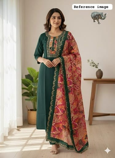 Premium Soft Maslin Pach Work Kurti Pant & Dupatta Set