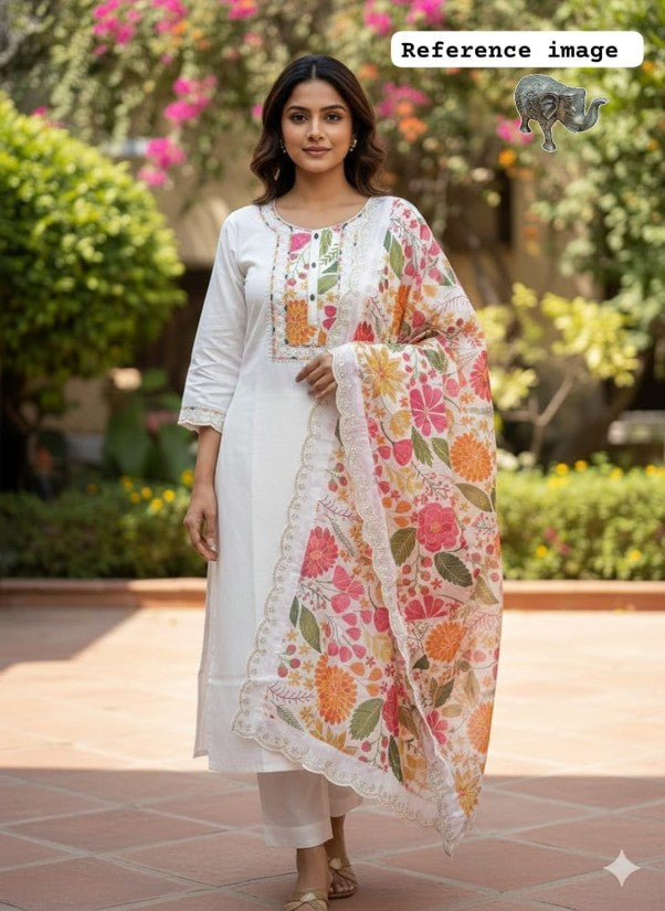 Premium Soft Maslin Pach Work Kurti Pant & Dupatta Set